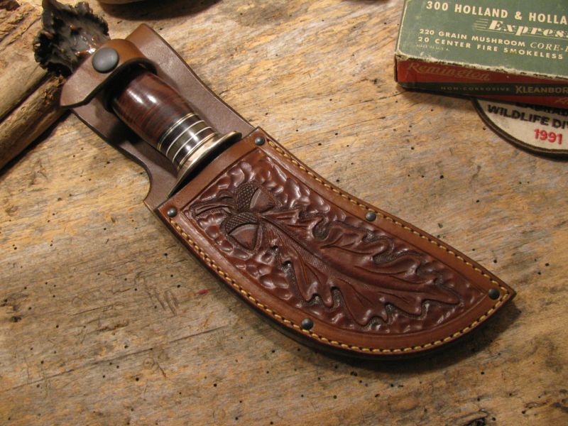 J. Behring Handmade Woodcraft Crown Stag Horsehide Studebaker spring hammermark 5 1/2" Blade