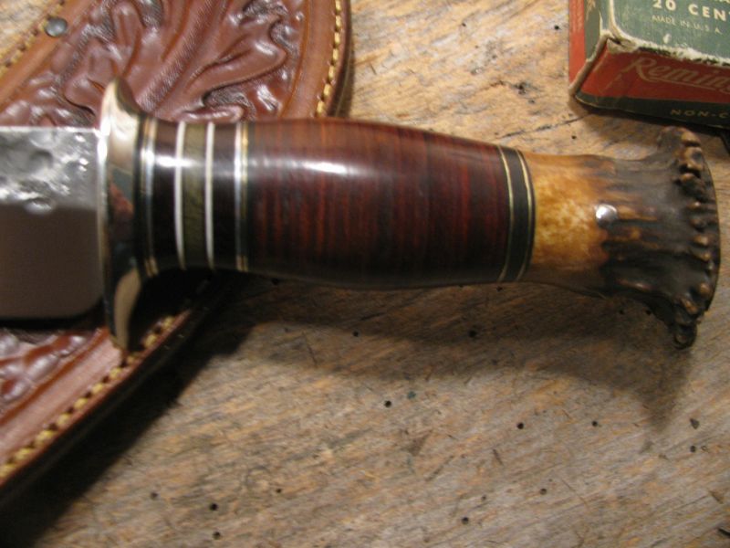 J. Behring Handmade Woodcraft Crown Stag Horsehide Studebaker spring hammermark 5 1/2" Blade