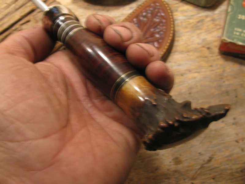 J. Behring Handmade Woodcraft Crown Stag Horsehide Studebaker spring hammermark 5 1/2" Blade