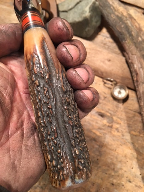 J. Behring Handmade Big 6" Hunter Nickel Stabilized Sanbar Stag Musk Ox Butt cap