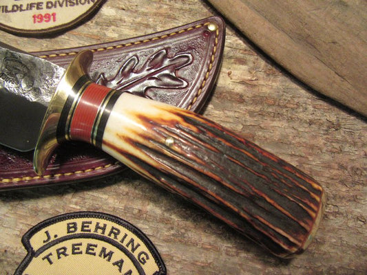 J.Behring Handmade BIG FATTY HUNTER RED Stag Acorn & Oak Leaf Sheath