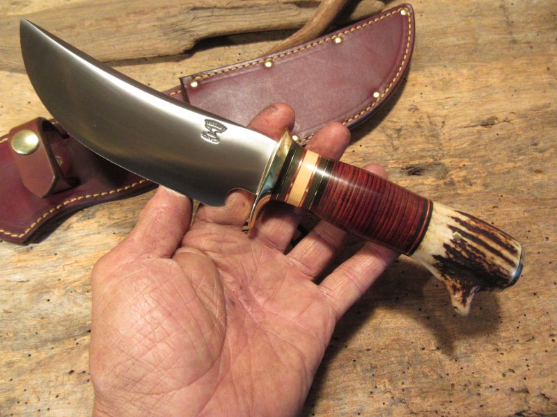 Big Six 6" Hunter Drop Tine sambar Stag Horsehide brass guard and butt cap.