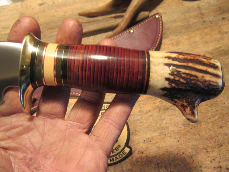 Big Six 6" Hunter Drop Tine sambar Stag Horsehide brass guard and butt cap.