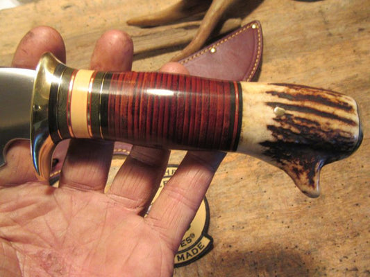 Big Six 6" Hunter Drop Tine sambar Stag Horsehide brass guard and butt cap.