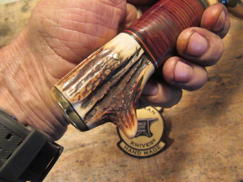 Big Six 6" Hunter Drop Tine sambar Stag Horsehide brass guard and butt cap.