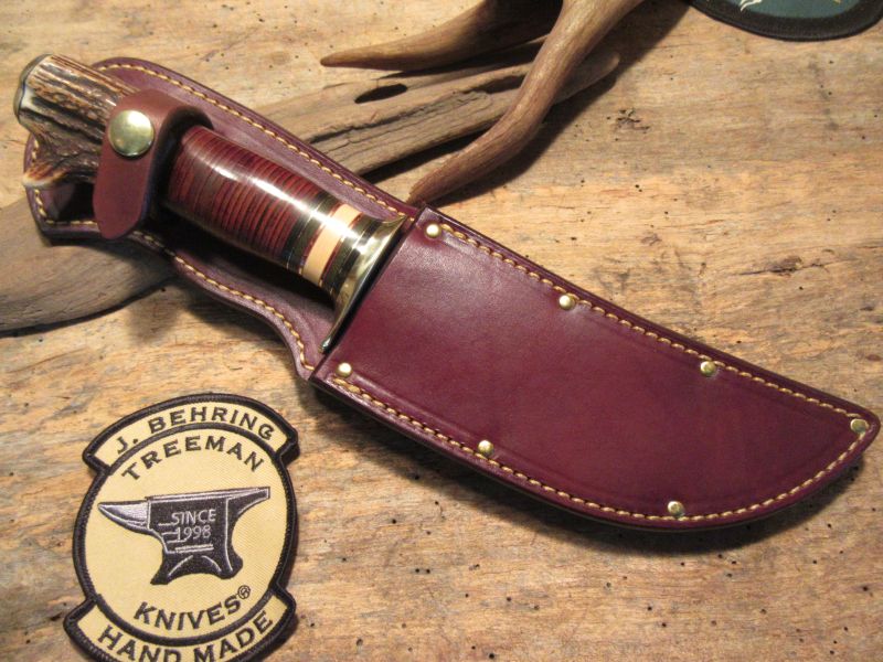 Big Six 6" Hunter Drop Tine sambar Stag Horsehide brass guard and butt cap.