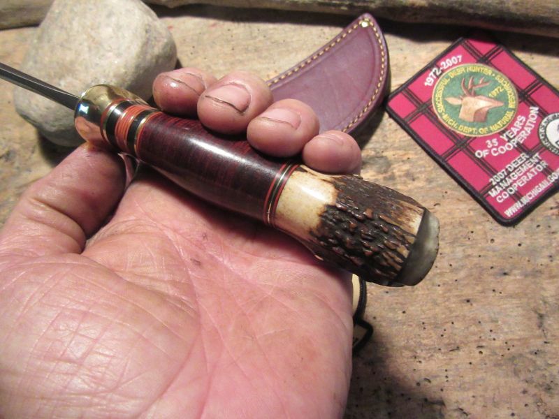 Michigan Hunter 4 1/4" HD Blade Horsehide Stag Musk Ox