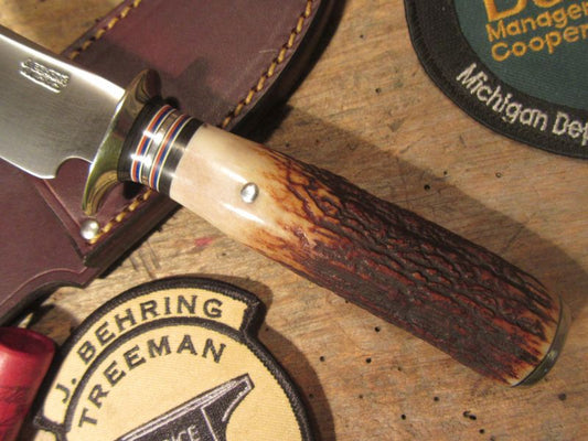 J.Behring 4 1/2" Trout and Deer Sambar Stag Nickel Butt