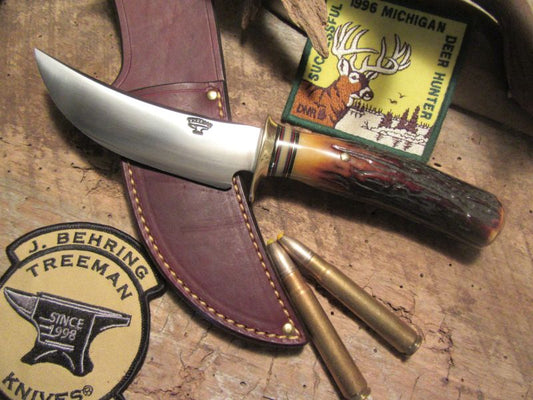 J. Behring Handmade Hunter Skinner Red Stag Brass Guard & Butt