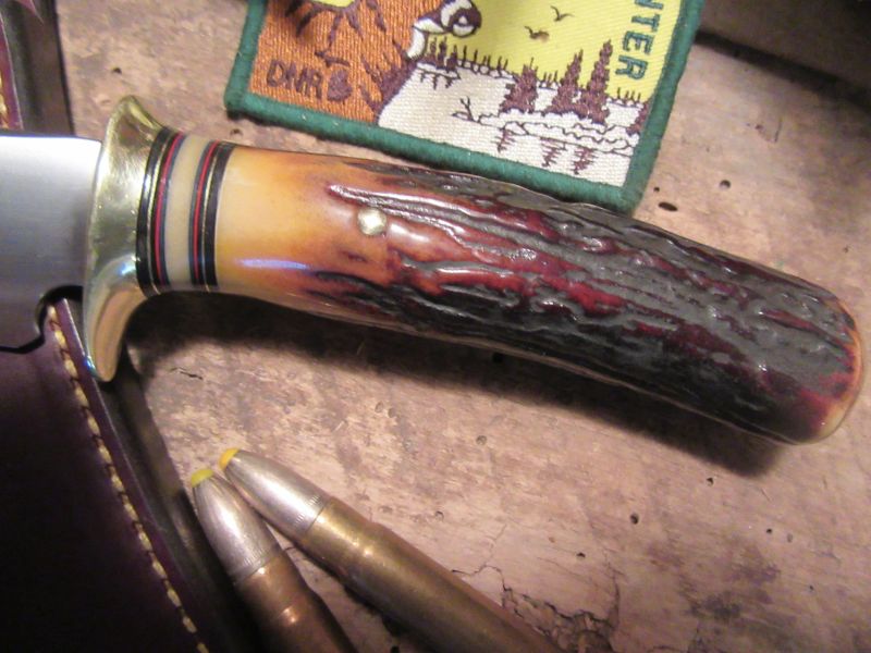 J. Behring Handmade Hunter Skinner Red Stag Brass Guard & Butt