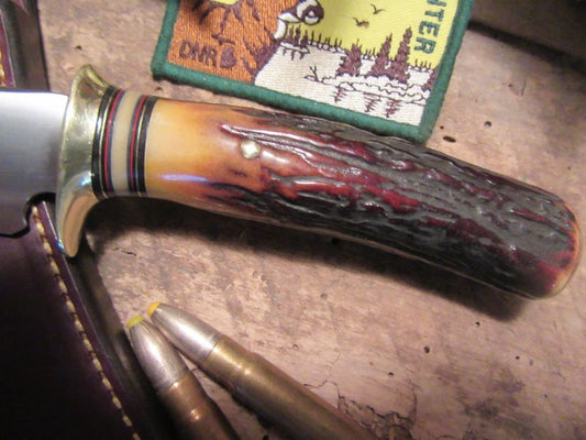 J. Behring Handmade Hunter Skinner Red Stag Brass Guard & Butt