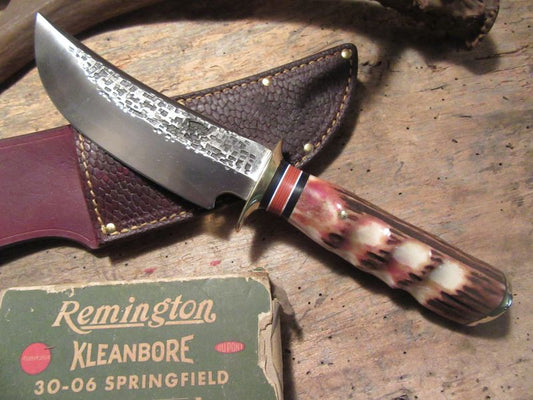 J. Behring Handmade Big Six Hunter 6 1/4" Blade Finger Grip Sambar Stag