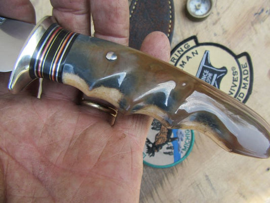 J. Behring Handmade Michigan Hunter Blue Brown Tan Ivory Giraffe hide Sheath