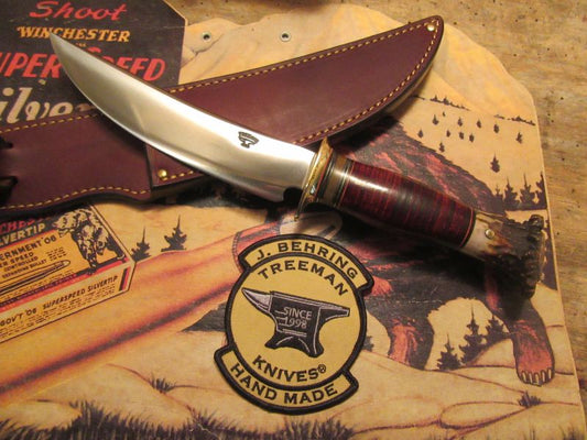 J. Behring Handmade 7" Camp Hunter knife Moss Green Horsehide Crown Stag