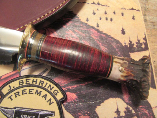 J. Behring Handmade 7" Camp Hunter knife Moss Green Horsehide Crown Stag