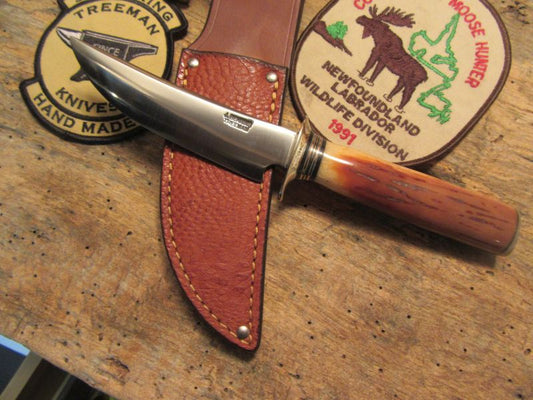 J. Behring Handmade Artifact ivory Deer & Trout Knife Ox Butt Cap