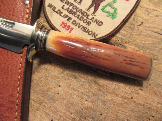 J. Behring Handmade Artifact ivory Deer & Trout Knife Ox Butt Cap