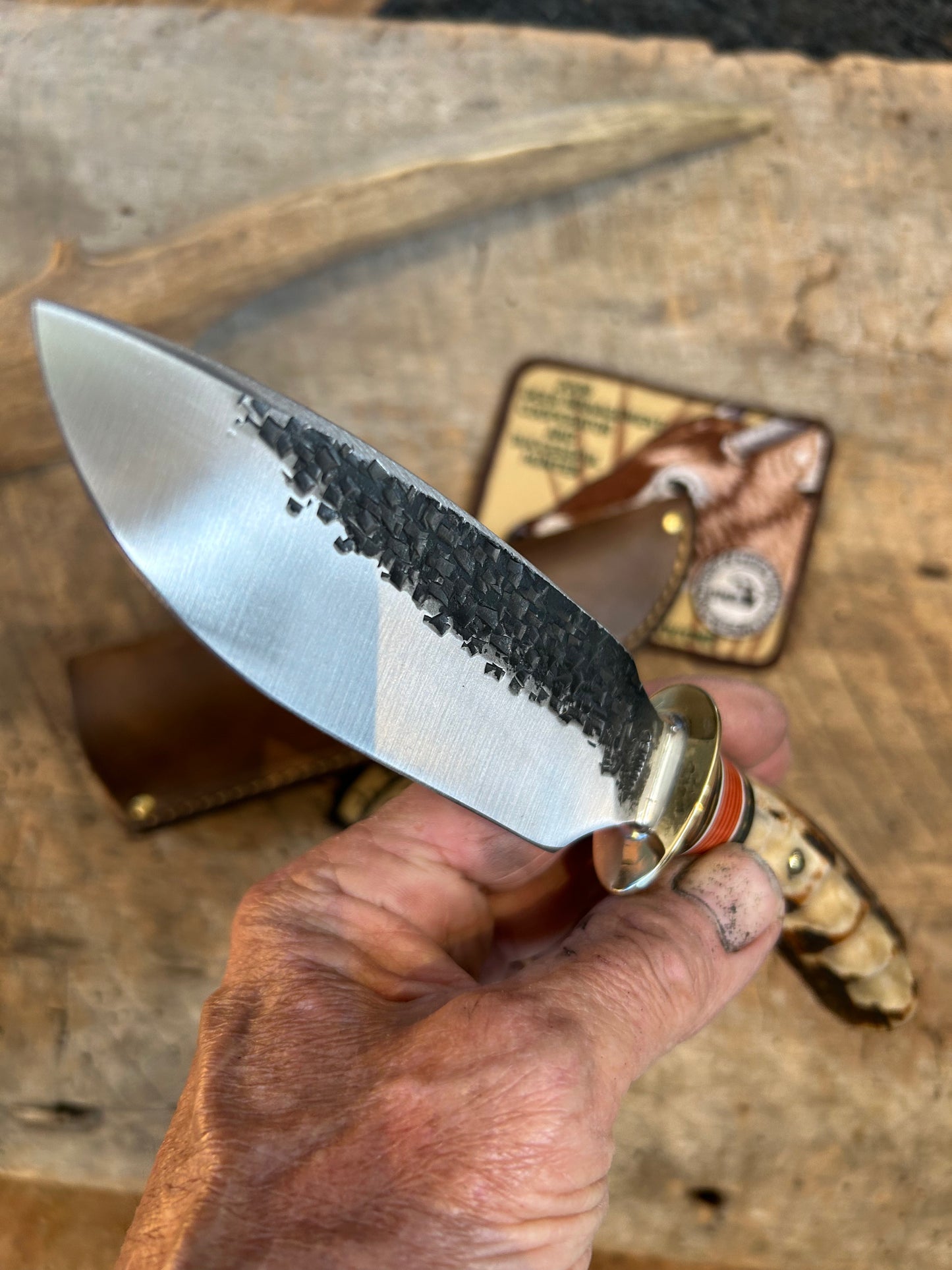 Treeman 5" Alaskan Hammermark Stag Finger Grip Handle DBL Brass