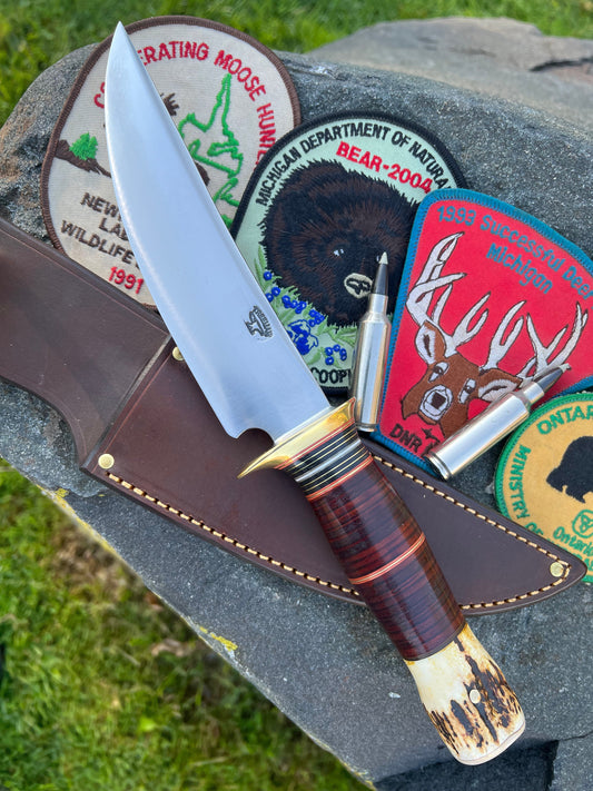 J. Behring Handmade 6 1/2"  Huron Hunter Horsehide stag Ivory butt cap