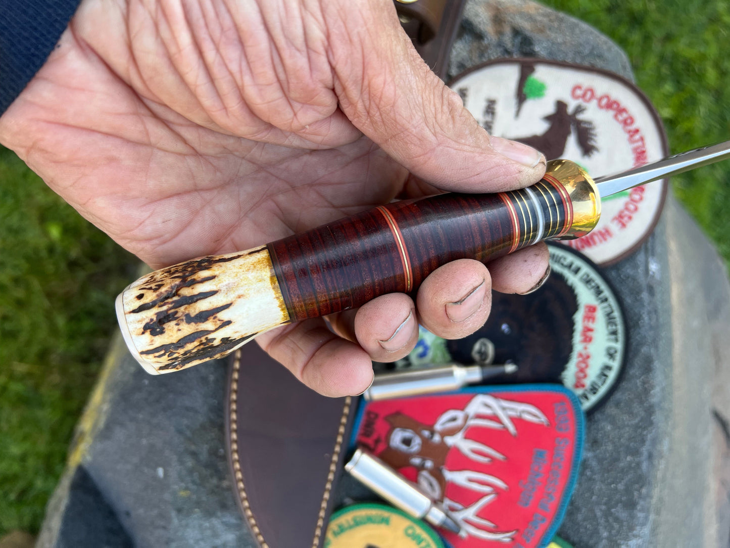 J. Behring Handmade 6 1/2"  Huron Hunter Horsehide stag Ivory butt cap