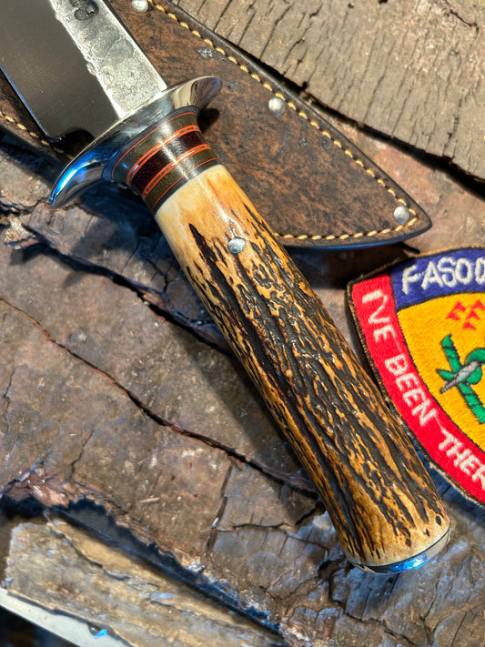 J. Behring Handmade Big Skull Fighter Stag 8 1/2" Hammer mark Giraffe sheath