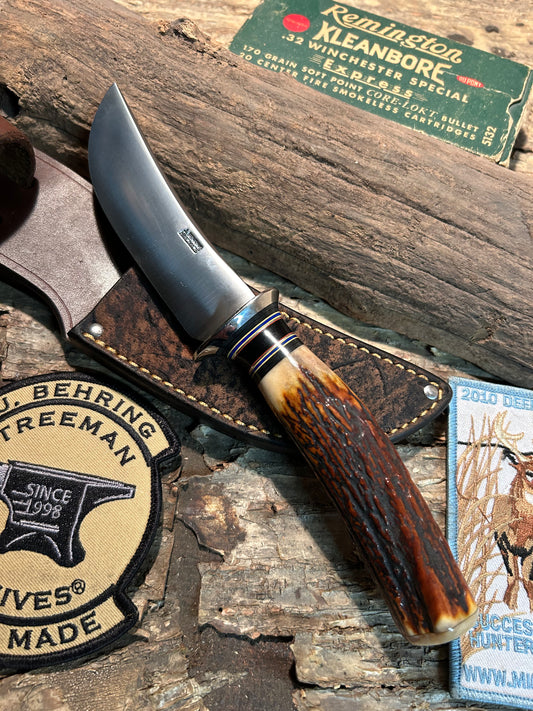 Treeman 4 1/4" AEB-L Stainless Woody 120 Year old German Red Stag Ivory cap Giraffe sheath