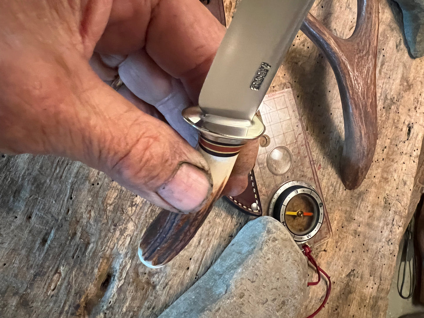 Treeman Trout Knife Real RED STAG Hippo Tooth Butt Cap