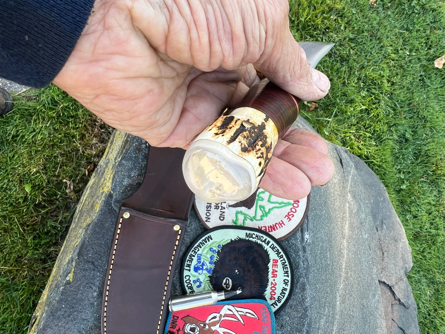 J. Behring Handmade 6 1/2"  Huron Hunter Horsehide stag Ivory butt cap