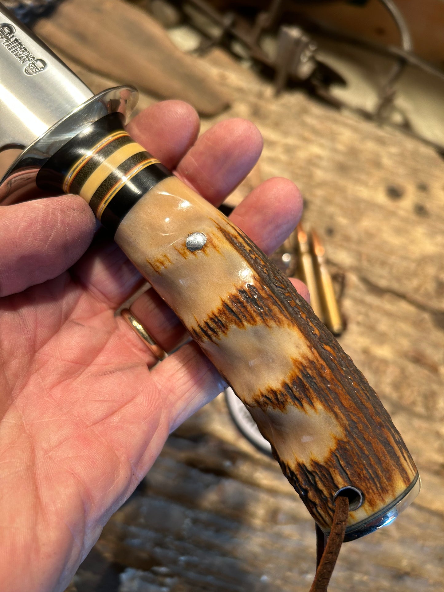 J. Behring DBL Skull fighter 7" NS Finger grip Stag Shark Sheath