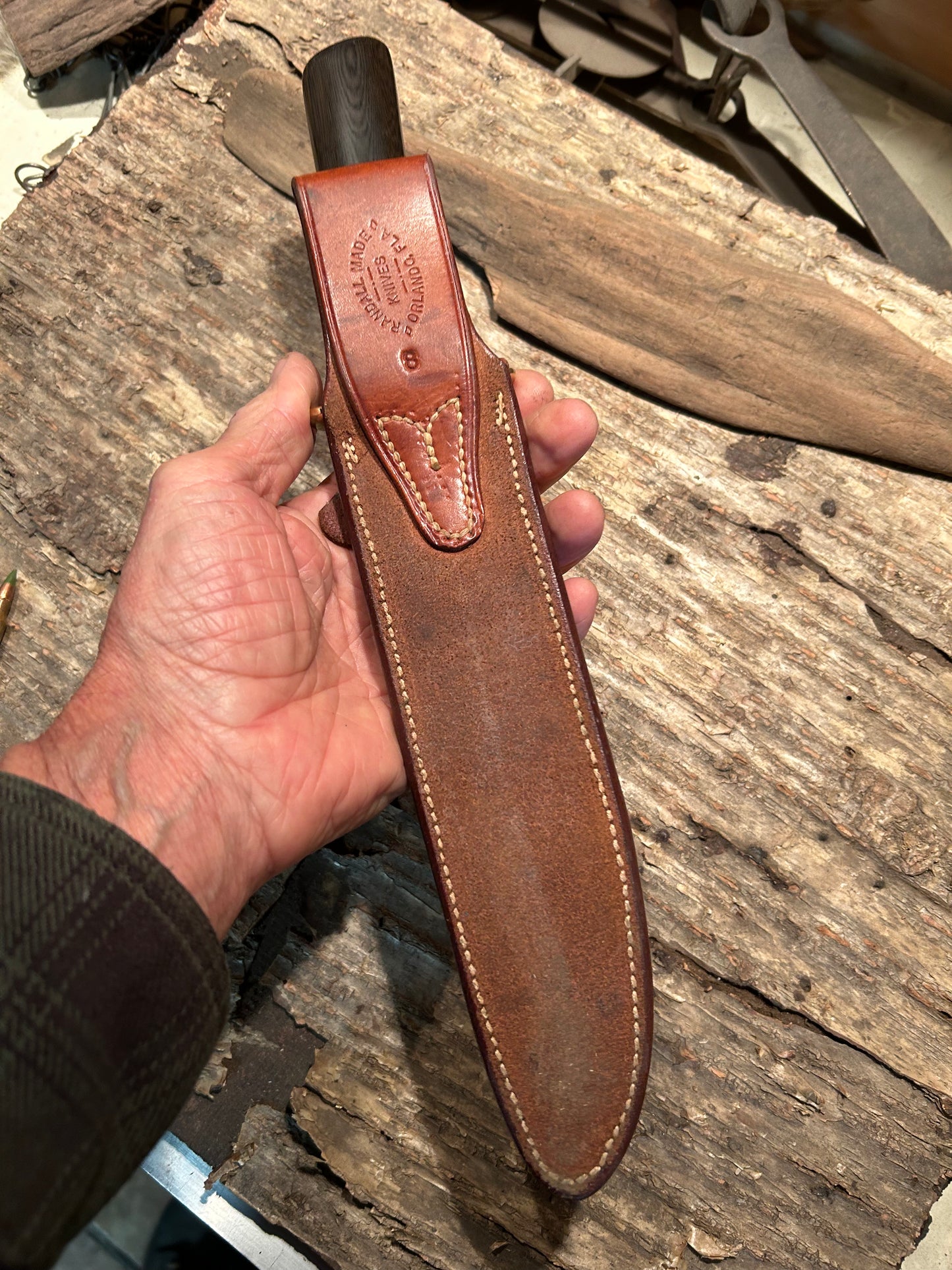 Randall Model 1-8 Green Linen Low S stamp  Johnson rough back sheath 2 tone stone Rare !