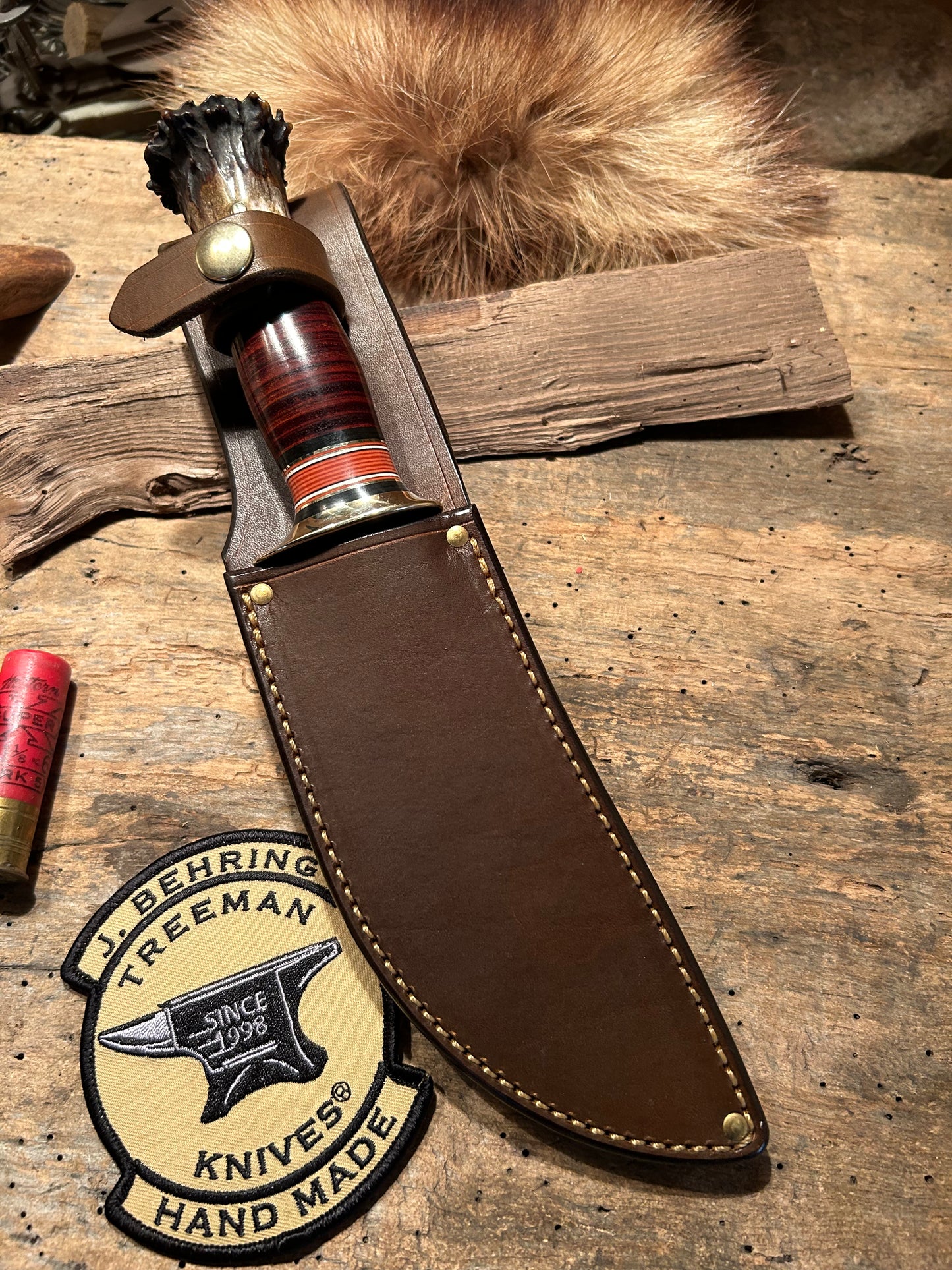J. Behring Handmade Woodcraft Hunter Hammer Mark 6" blade Horse hide crown Stag