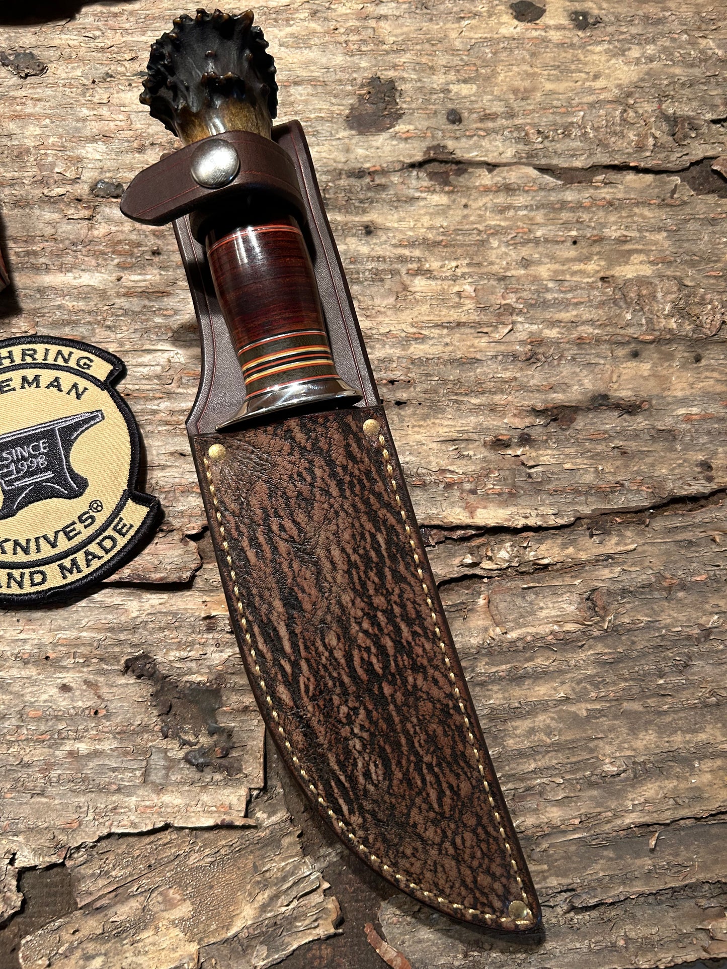 J. Behring Handmade 5 3/4" Blade  Hammer Mark Hunter Sticker NS HH Crown Stag