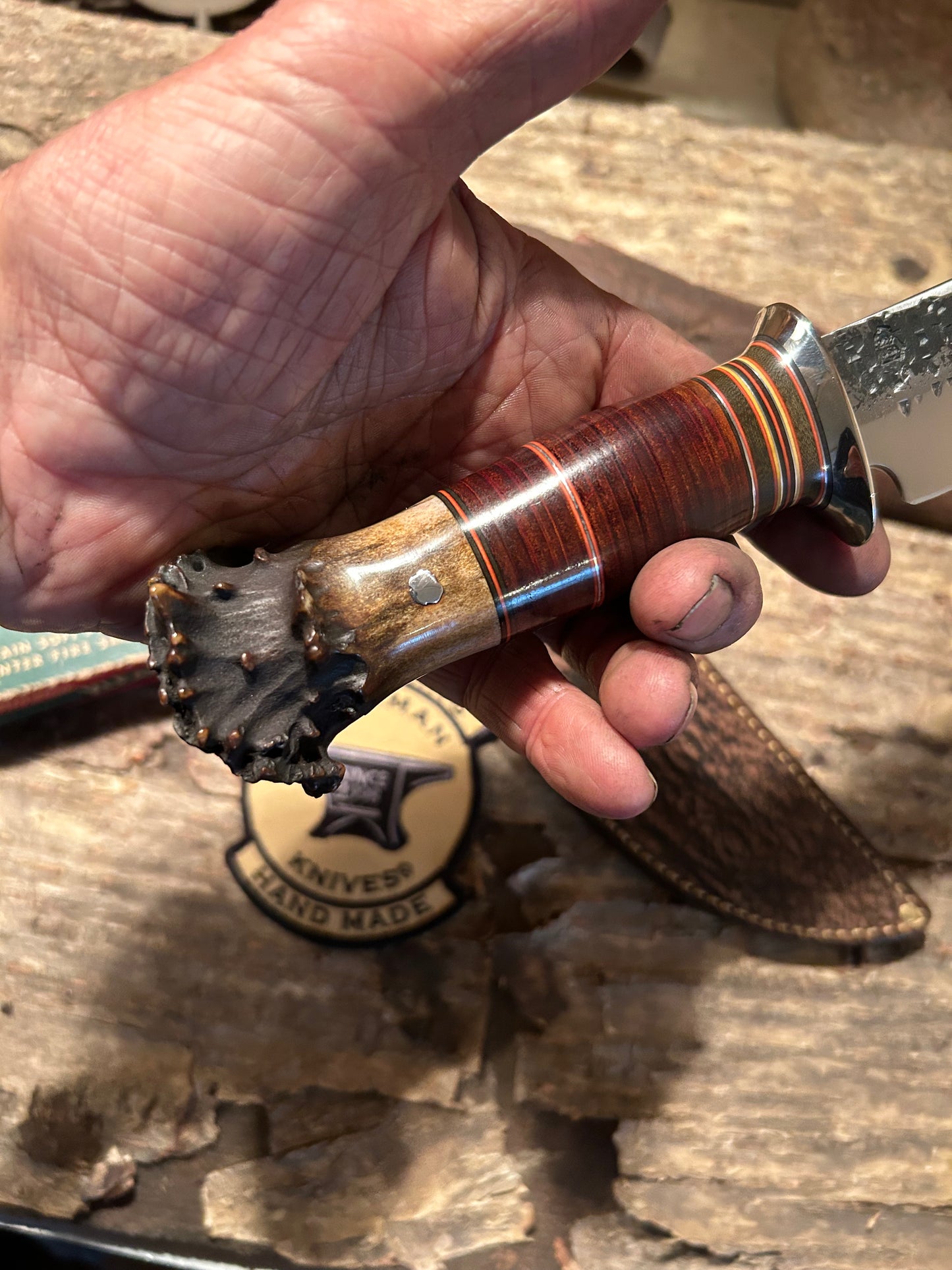 J. Behring Handmade 5 3/4" Blade  Hammer Mark Hunter Sticker NS HH Crown Stag