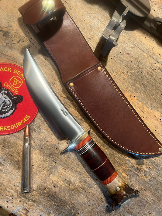 Treeman Scagel Style  Hunter 6" Blade DBL brass guard Horsehide Crown Stag