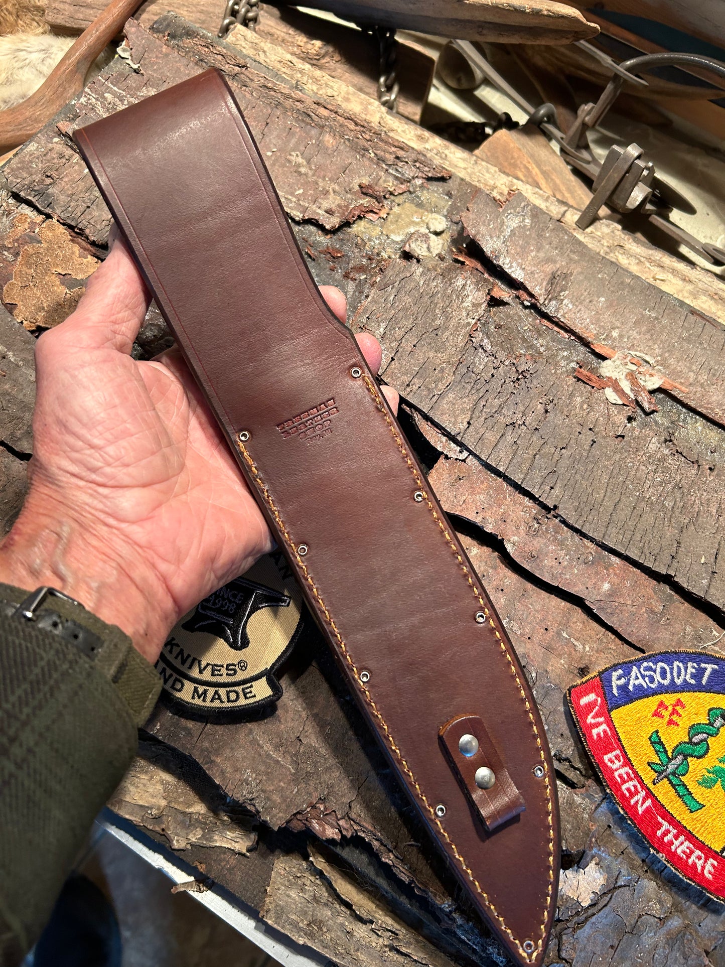 J. Behring Handmade Big Skull Fighter Stag 8 1/2" Hammer mark Giraffe sheath