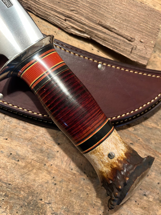 J. Behring Triditional Big Fat Camp Knife Horsehide Crown Stag Pancake sheath