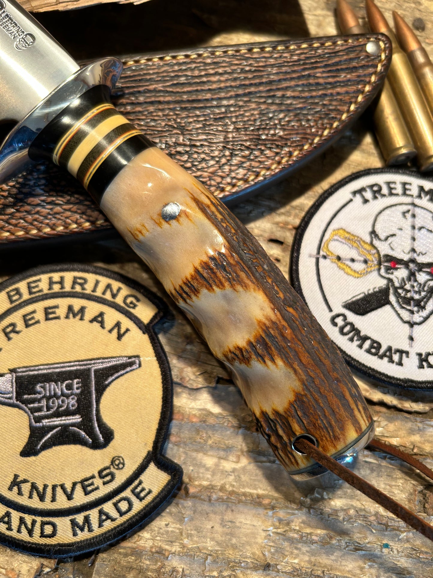 J. Behring DBL Skull fighter 7" NS Finger grip Stag Shark Sheath