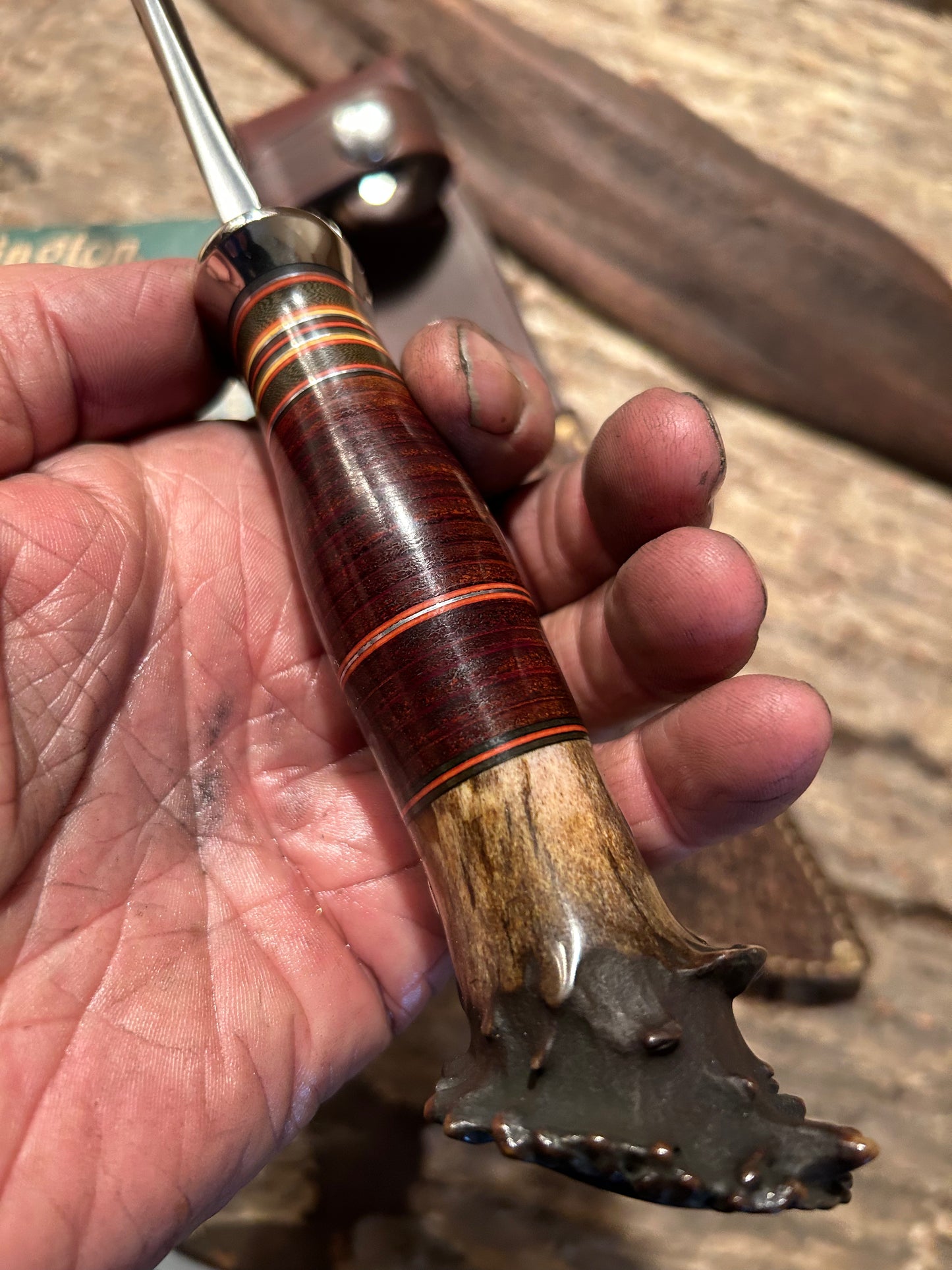 J. Behring Handmade 5 3/4" Blade  Hammer Mark Hunter Sticker NS HH Crown Stag