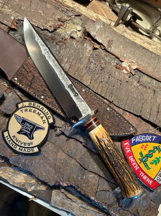 J. Behring Handmade Big Skull Fighter Stag 8 1/2" Hammer mark Giraffe sheath