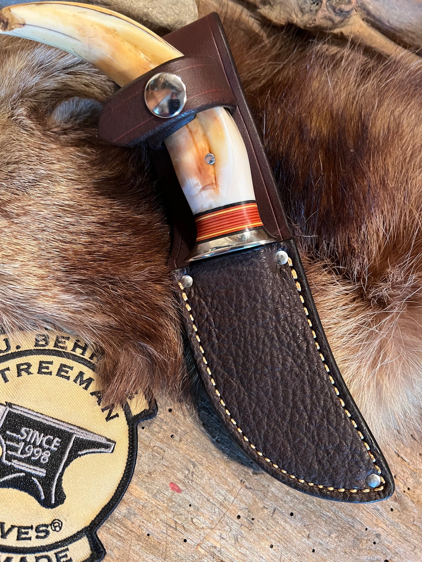 Treeman Wart Hog Tusk Ivory AEB-L stainless Caper  Elephant Ear sheath