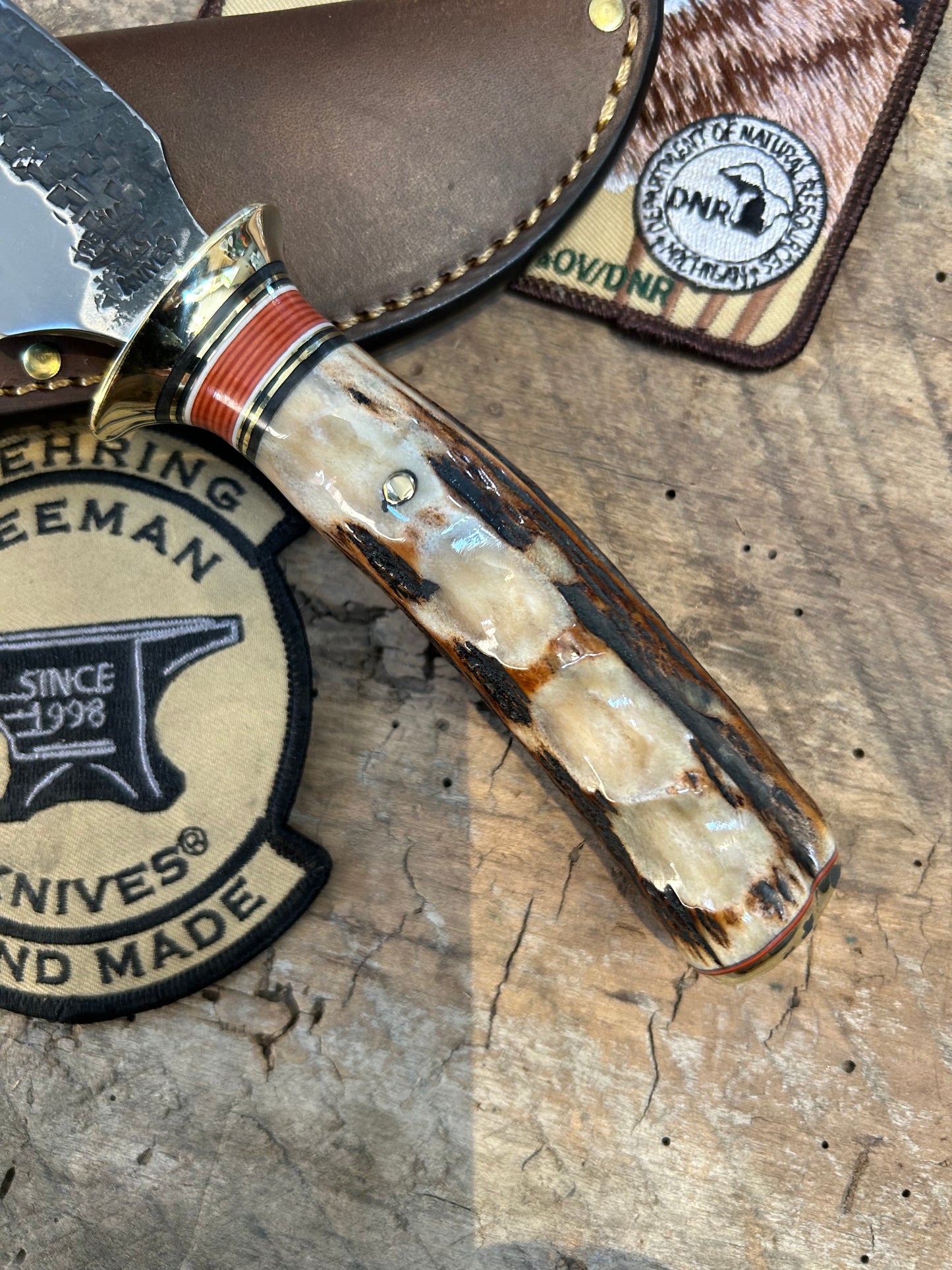 Treeman 5" Alaskan Hammermark Stag Finger Grip Handle DBL Brass