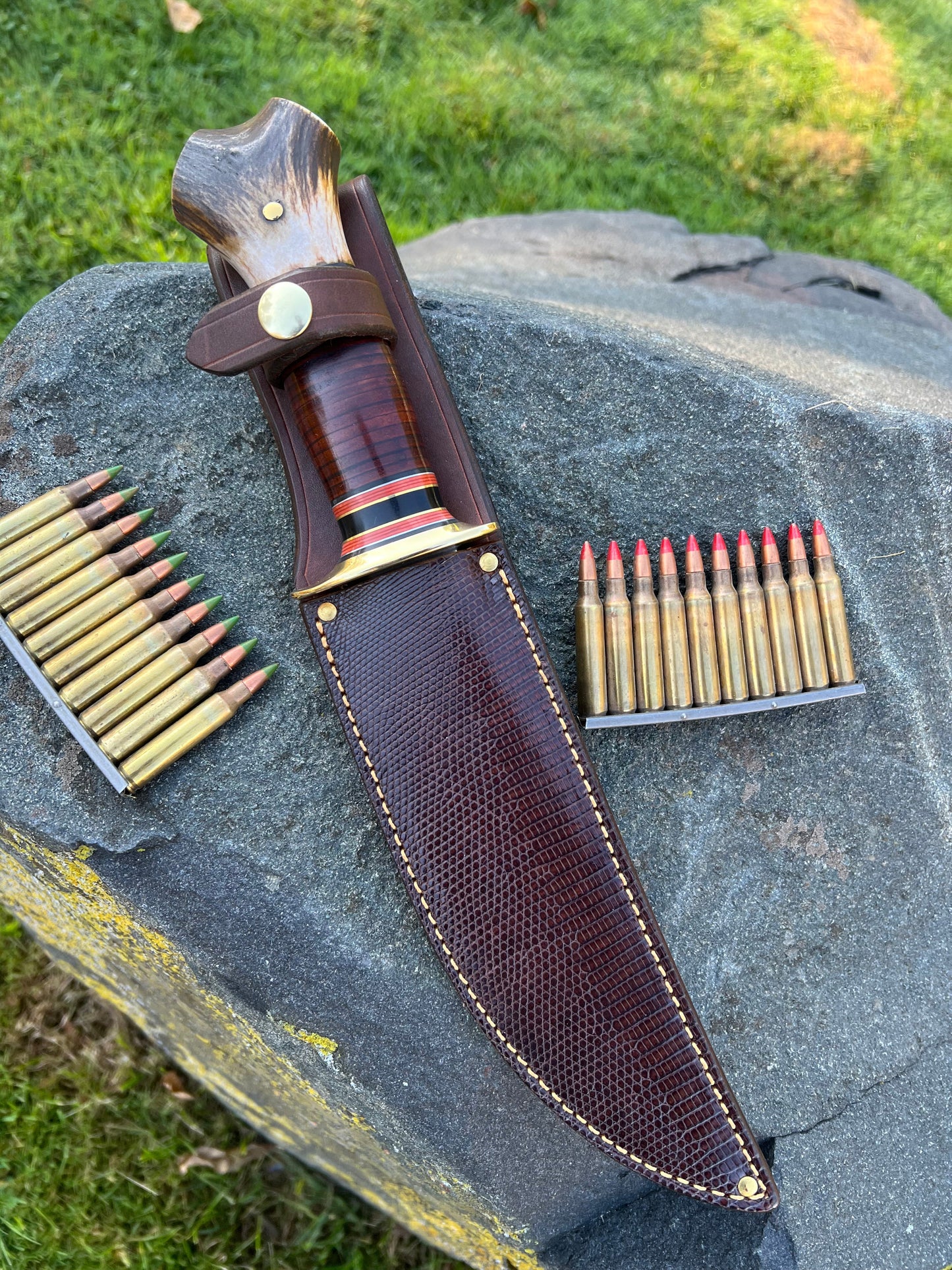 J. Behring Handmade 6 1/2"  Huron Hunter Horsehide stag Ivory butt cap