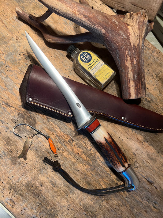 J. Behring Handmade 7" Filet Knife Stag Aluminum AEB-L Stainless