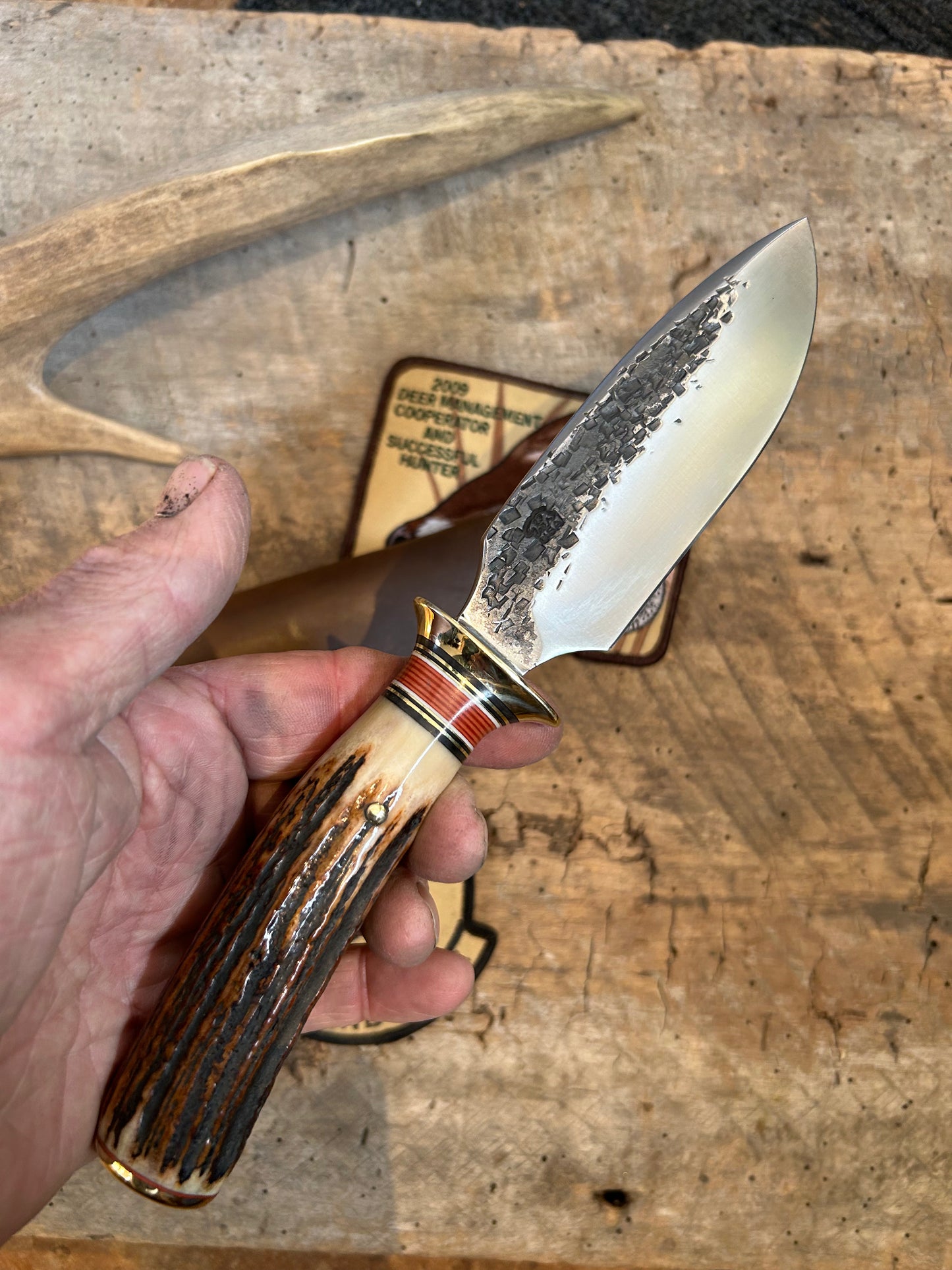 Treeman 5" Alaskan Hammermark Stag Finger Grip Handle DBL Brass