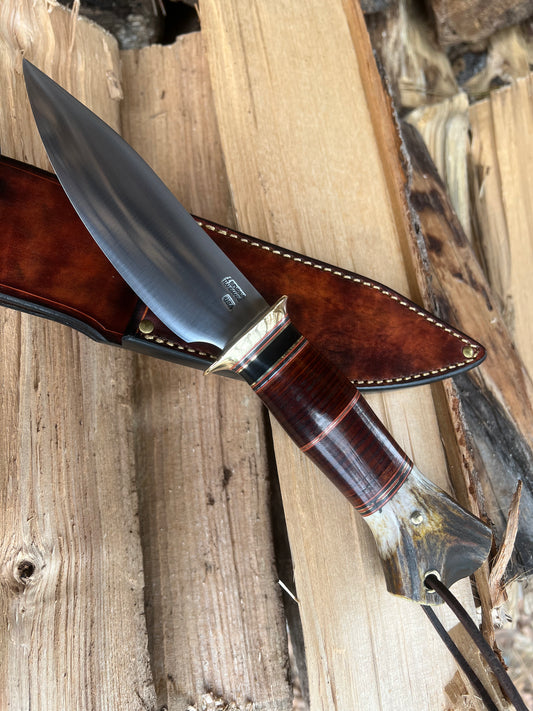 J. Behring Special Hunter AEB-L stainless Horsehide Crotch stag Antique Sheath