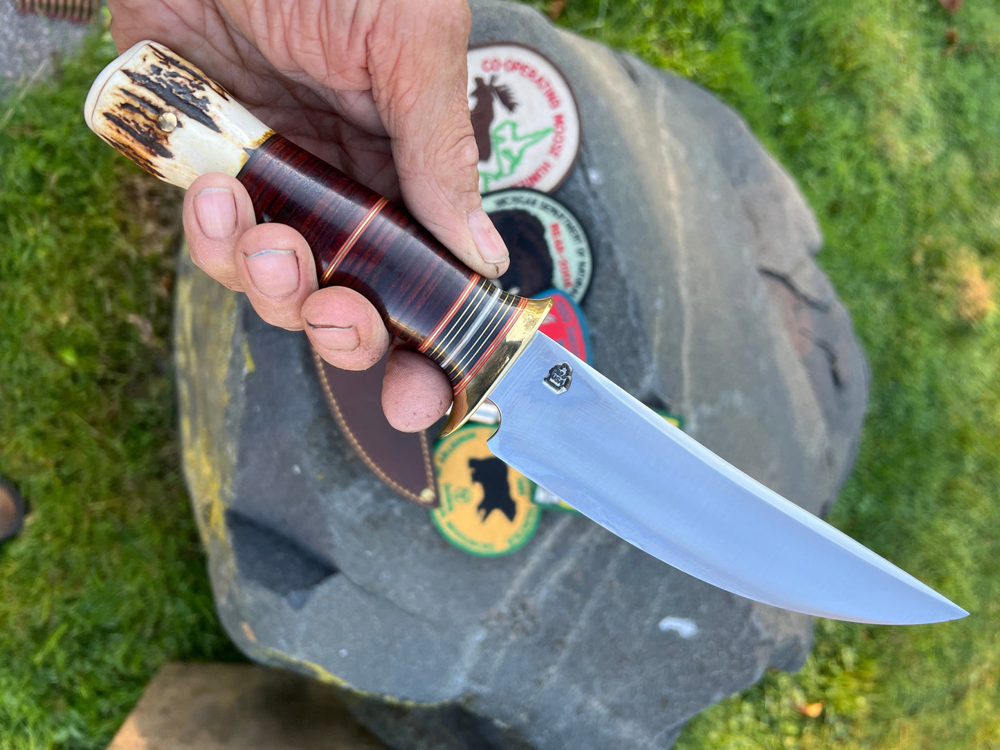 J. Behring Handmade 6 1/2"  Huron Hunter Horsehide stag Ivory butt cap