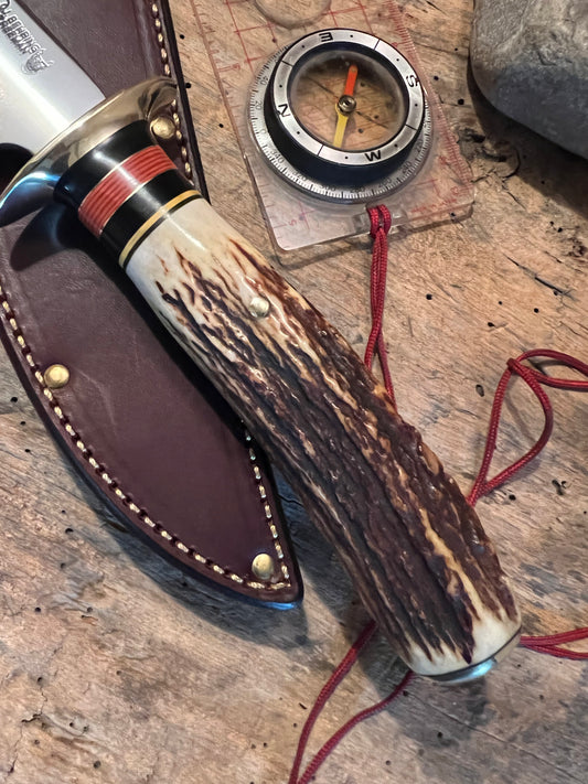 Treeman 6" Skull fighter brass , Stag , tie down sheath