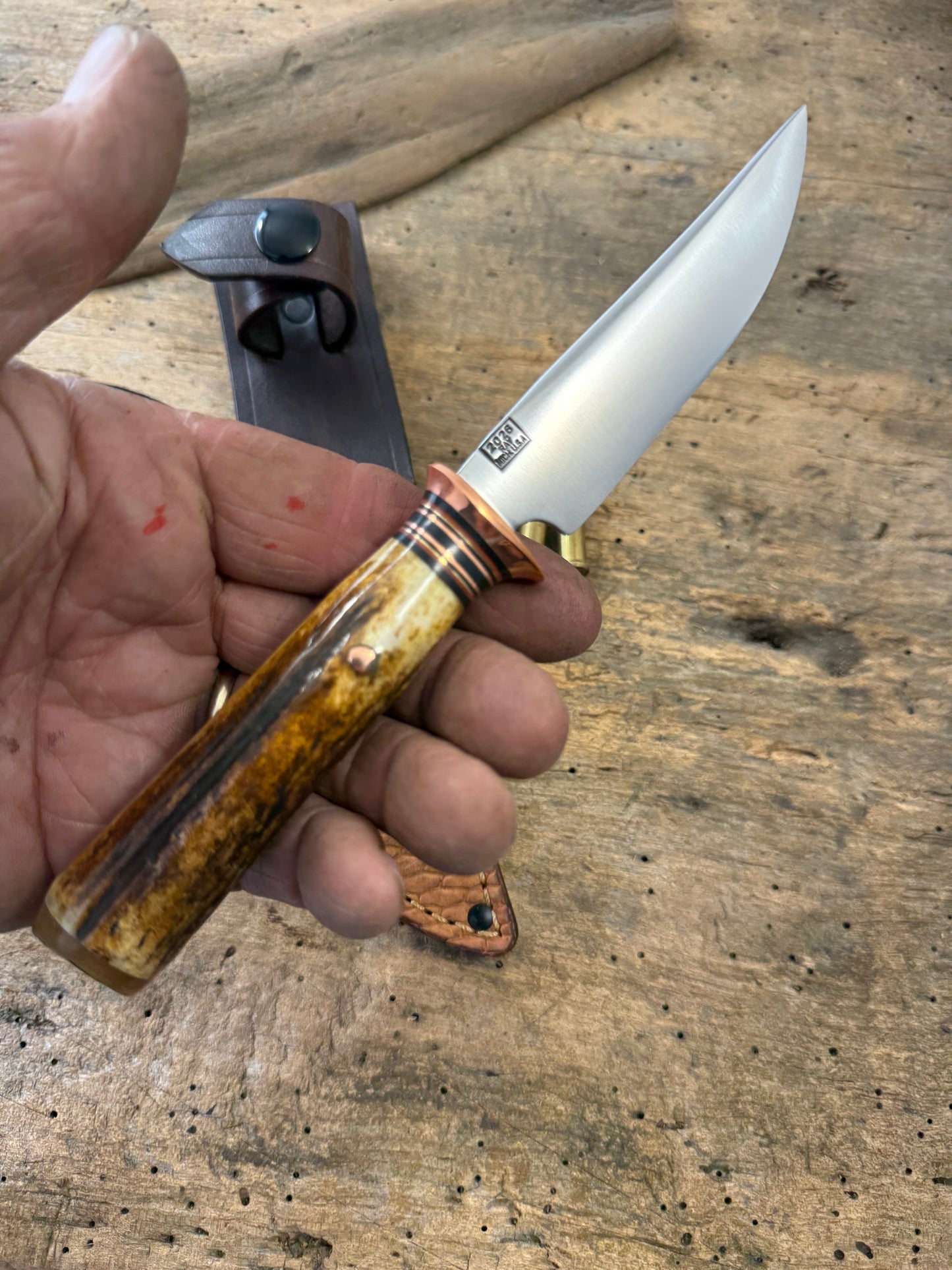 Treeman Trout & Deer Knife Forged 1095 Copper Guard Sambar Stag Musk Ox Butt  Beaver Tail Sheath