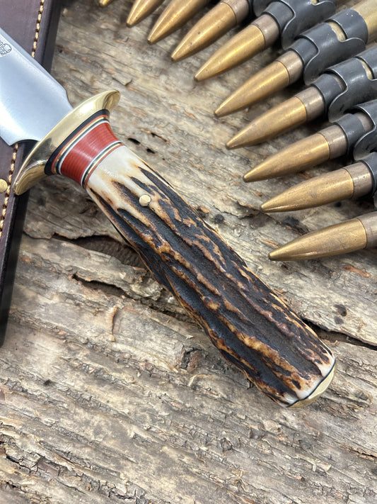 Treeman 8" Old School Springfield style Fighter Killer Sambar Stag Rough back riveted sheath .