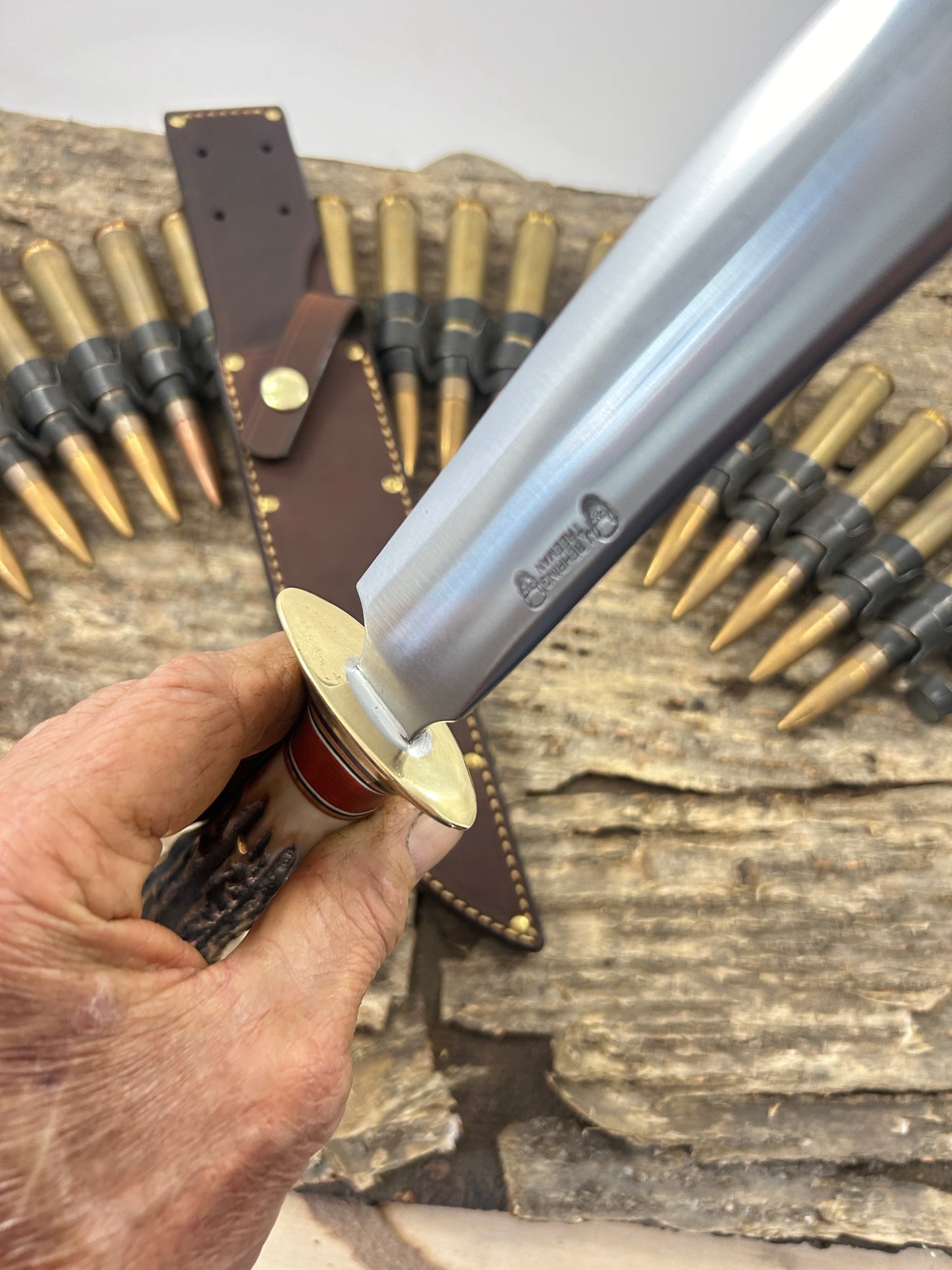 Treeman 8" Old School Springfield style Fighter Killer Sambar Stag Rough back riveted sheath .